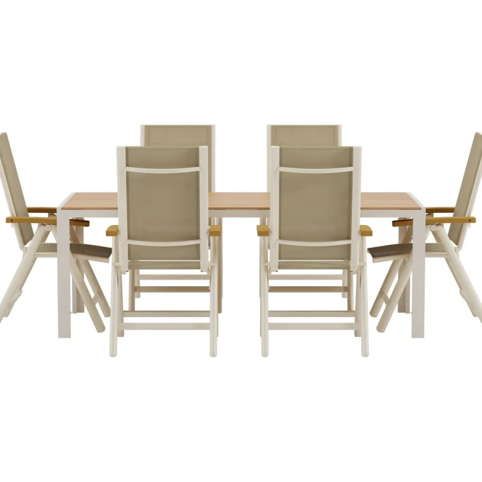 Ruokailuryhmä ulos Venture Home, beige Break-pöytä 205x90cm + 6 beigeä Panama-tuolia