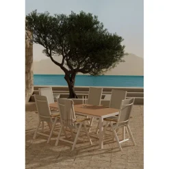 Ruokailuryhmä ulos Venture Home, beige Break-pöytä 205x90cm + 6 beigeä Panama-tuolia