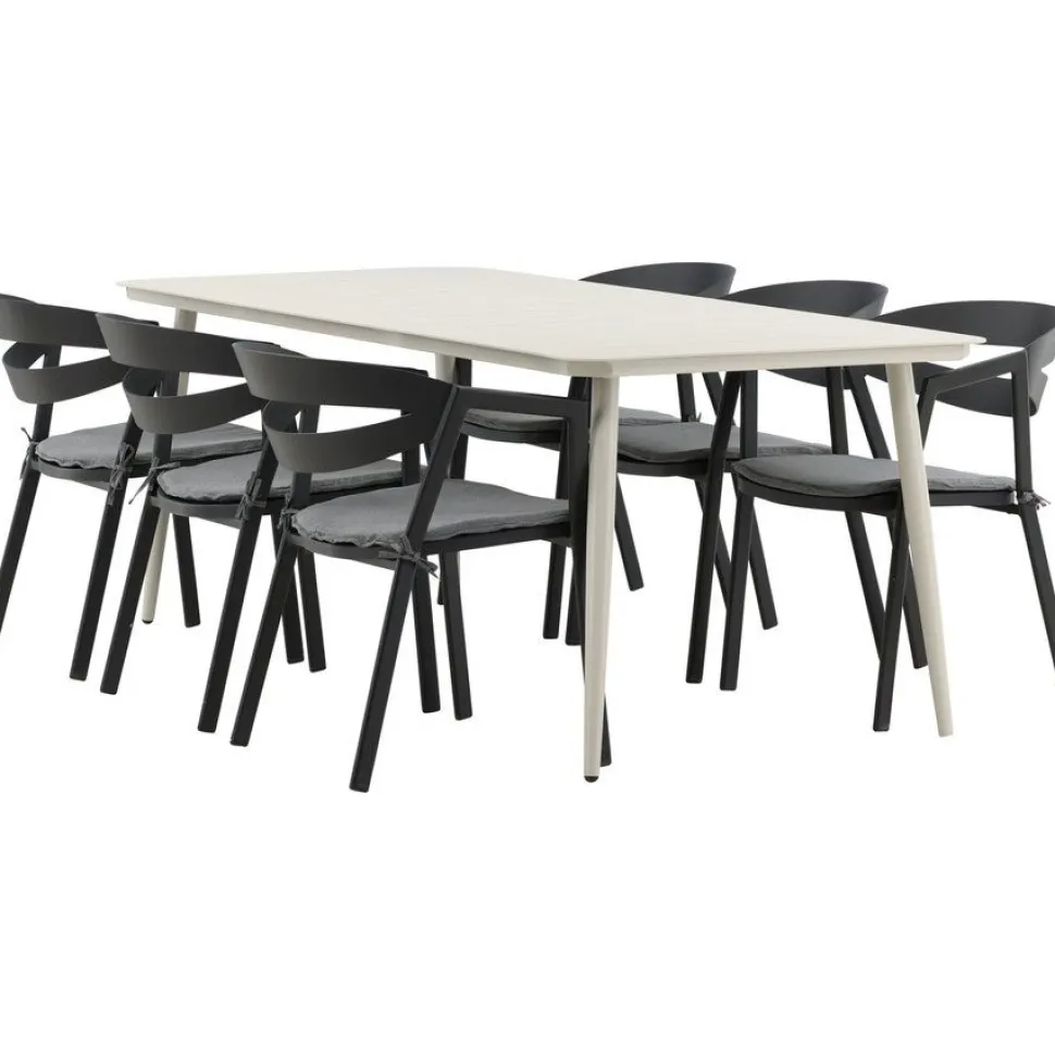 Ruokailuryhmä ulos Venture Home, beige Lina-pöytä 200x90cm + 6 mustaa Slit-tuolia