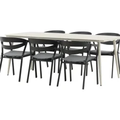 Ruokailuryhmä ulos Venture Home, beige Lina-pöytä 200x90cm + 6 mustaa Slit-tuolia