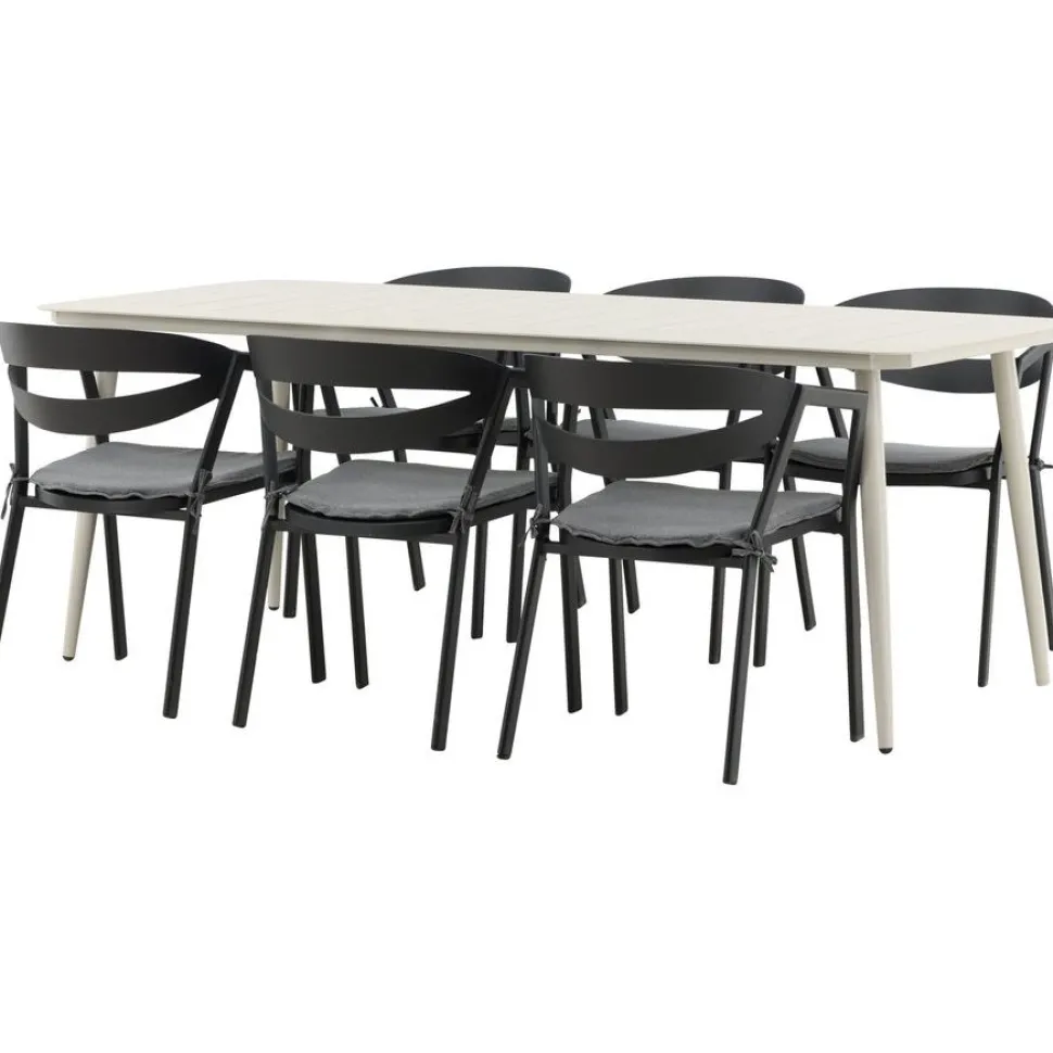 Ruokailuryhmä ulos Venture Home, beige Lina-pöytä 200x90cm + 6 mustaa Slit-tuolia