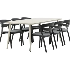 Ruokailuryhmä ulos Venture Home, beige Lina-pöytä 200x90cm + 6 mustaa Slit-tuolia