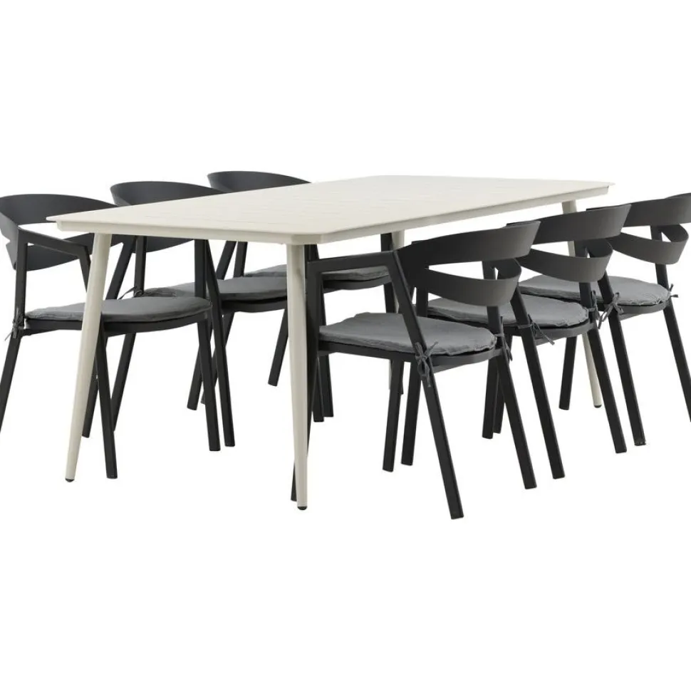 Ruokailuryhmä ulos Venture Home, beige Lina-pöytä 200x90cm + 6 mustaa Slit-tuolia