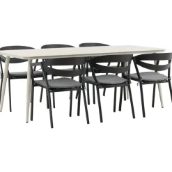 Ruokailuryhmä ulos Venture Home, beige Lina-pöytä 200x90cm + 6 mustaa Slit-tuolia