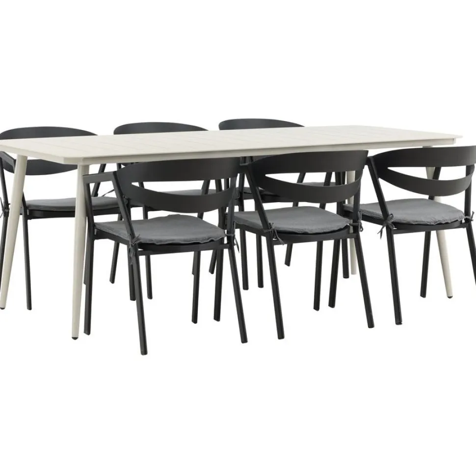Ruokailuryhmä ulos Venture Home, beige Lina-pöytä 200x90cm + 6 mustaa Slit-tuolia