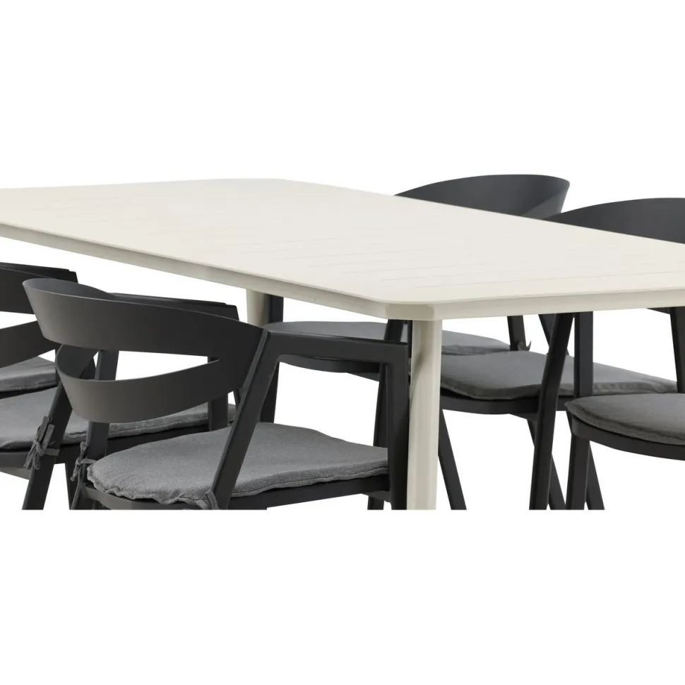 Ruokailuryhmä ulos Venture Home, beige Lina-pöytä 200x90cm + 6 mustaa Slit-tuolia