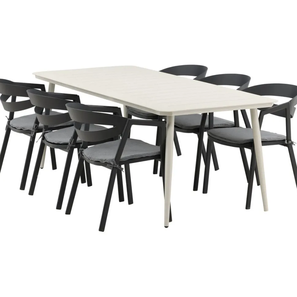 Ruokailuryhmä ulos Venture Home, beige Lina-pöytä 200x90cm + 6 mustaa Slit-tuolia