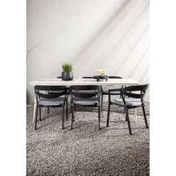 Ruokailuryhmä ulos Venture Home, beige Lina-pöytä 200x90cm + 6 mustaa Slit-tuolia