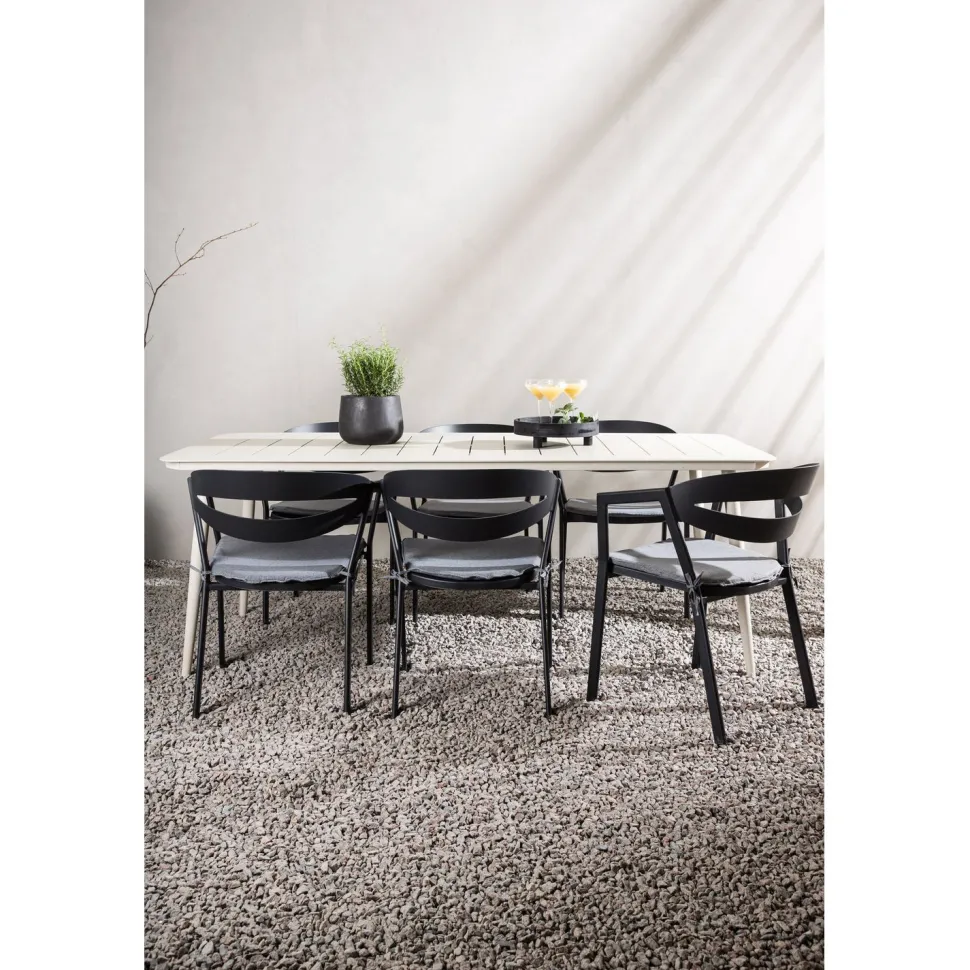 Ruokailuryhmä ulos Venture Home, beige Lina-pöytä 200x90cm + 6 mustaa Slit-tuolia