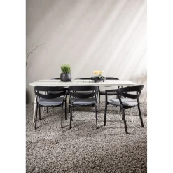 Ruokailuryhmä ulos Venture Home, beige Lina-pöytä 200x90cm + 6 mustaa Slit-tuolia