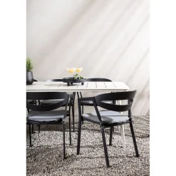 Ruokailuryhmä ulos Venture Home, beige Lina-pöytä 200x90cm + 6 mustaa Slit-tuolia
