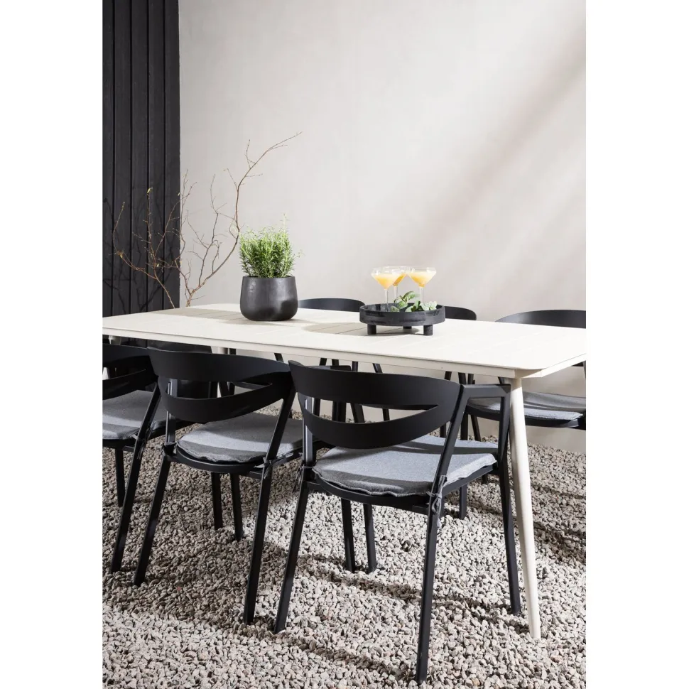 Ruokailuryhmä ulos Venture Home, beige Lina-pöytä 200x90cm + 6 mustaa Slit-tuolia