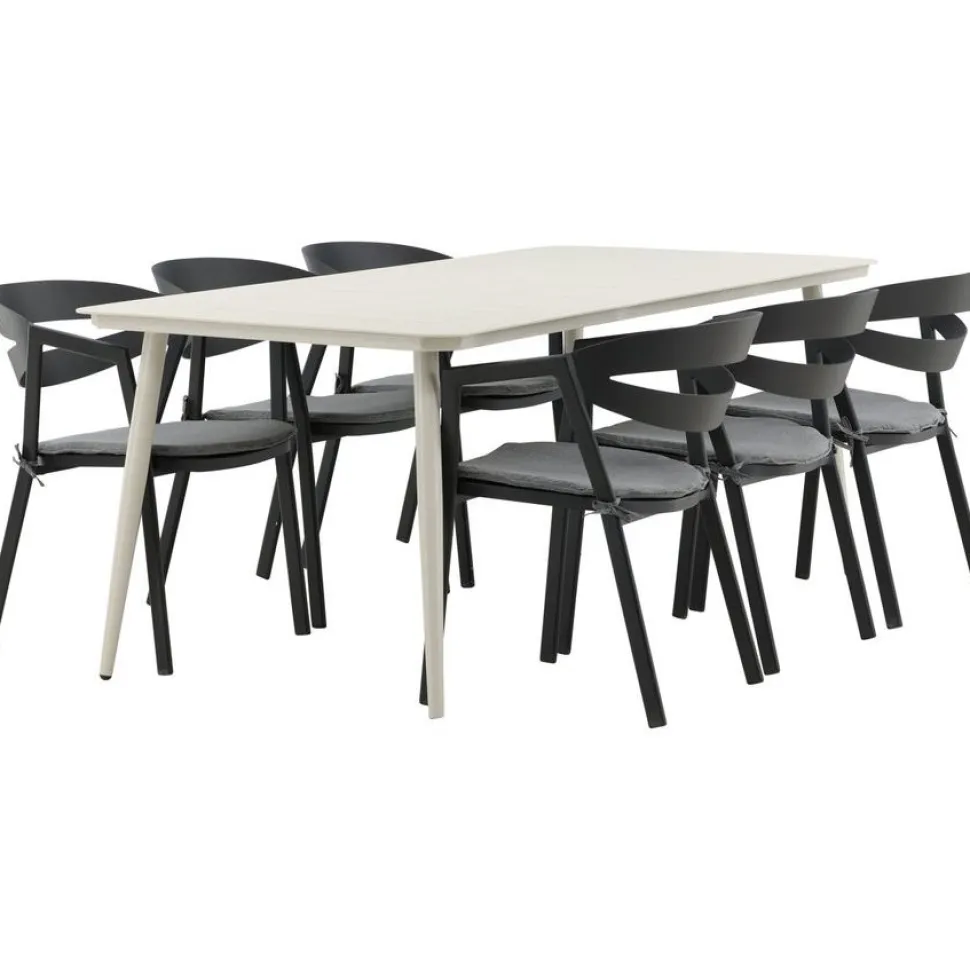 Ruokailuryhmä ulos Venture Home, beige Lina-pöytä 200x90cm + 6 mustaa Slit-tuolia