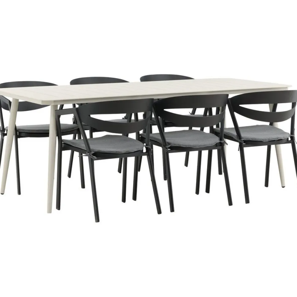Ruokailuryhmä ulos Venture Home, beige Lina-pöytä 200x90cm + 6 mustaa Slit-tuolia