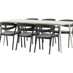 Ruokailuryhmä ulos Venture Home, beige Lina-pöytä 200x90cm + 6 mustaa Slit-tuolia