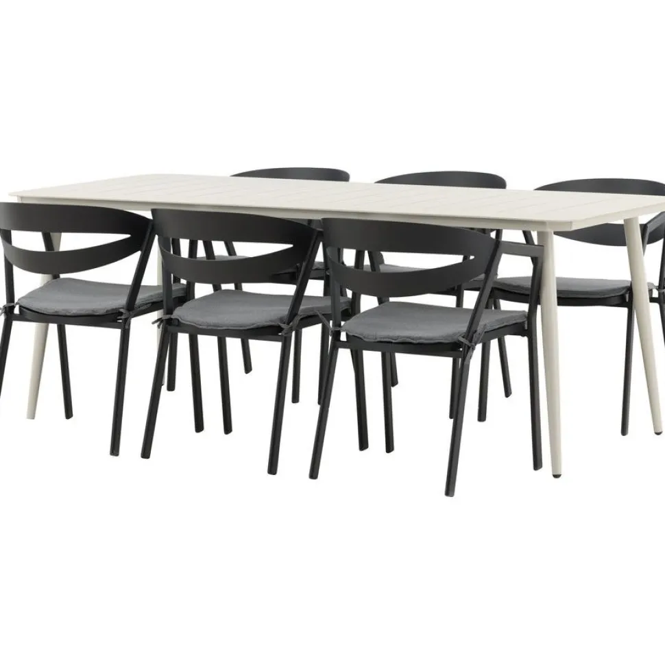 Ruokailuryhmä ulos Venture Home, beige Lina-pöytä 200x90cm + 6 mustaa Slit-tuolia