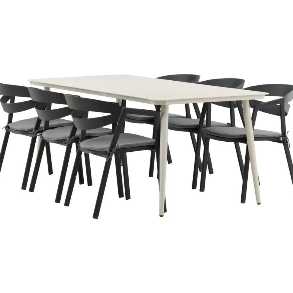Ruokailuryhmä ulos Venture Home, beige Lina-pöytä 200x90cm + 6 mustaa Slit-tuolia