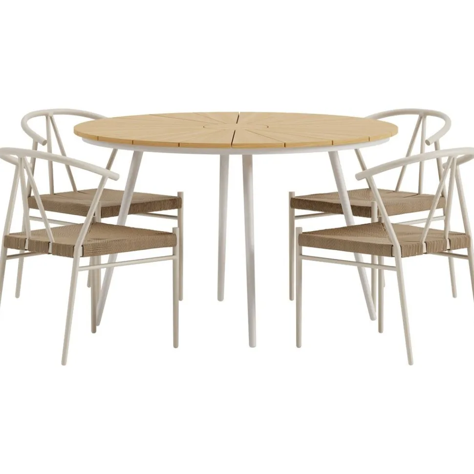 Ruokailuryhmä ulos Venture Home, beige San-pöytä Ø120cm + 4 beigeä Alfons-tuolia