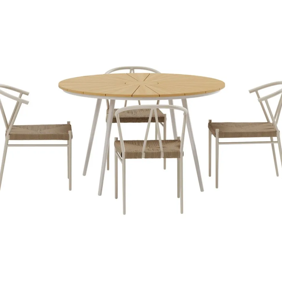 Ruokailuryhmä ulos Venture Home, beige San-pöytä Ø120cm + 4 beigeä Alfons-tuolia