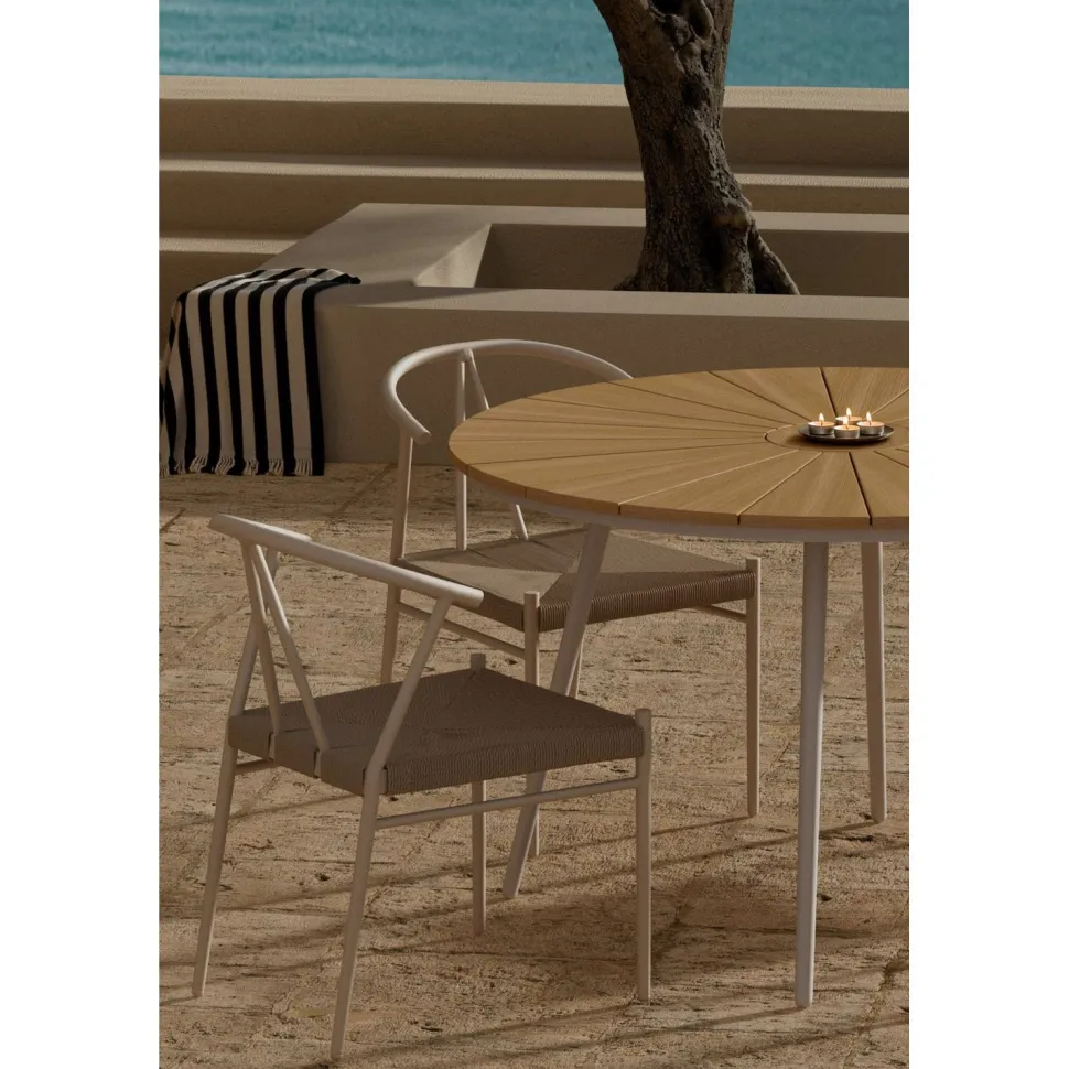 Ruokailuryhmä ulos Venture Home, beige San-pöytä Ø120cm + 4 beigeä Alfons-tuolia