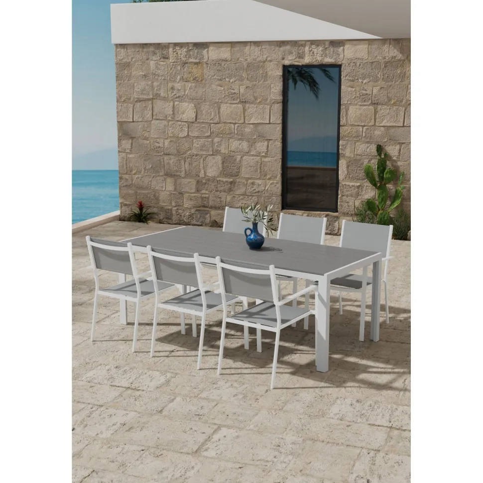 Ruokailuryhmä ulos Venture Home, harmaa Break-pöytä 205x90cm + 6 harmaata Copacabana-tuolia