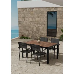 Ruokailuryhmä ulos Venture Home, musta Break-pöytä 150x90cm + 4 mustaa Copacabana-tuolia