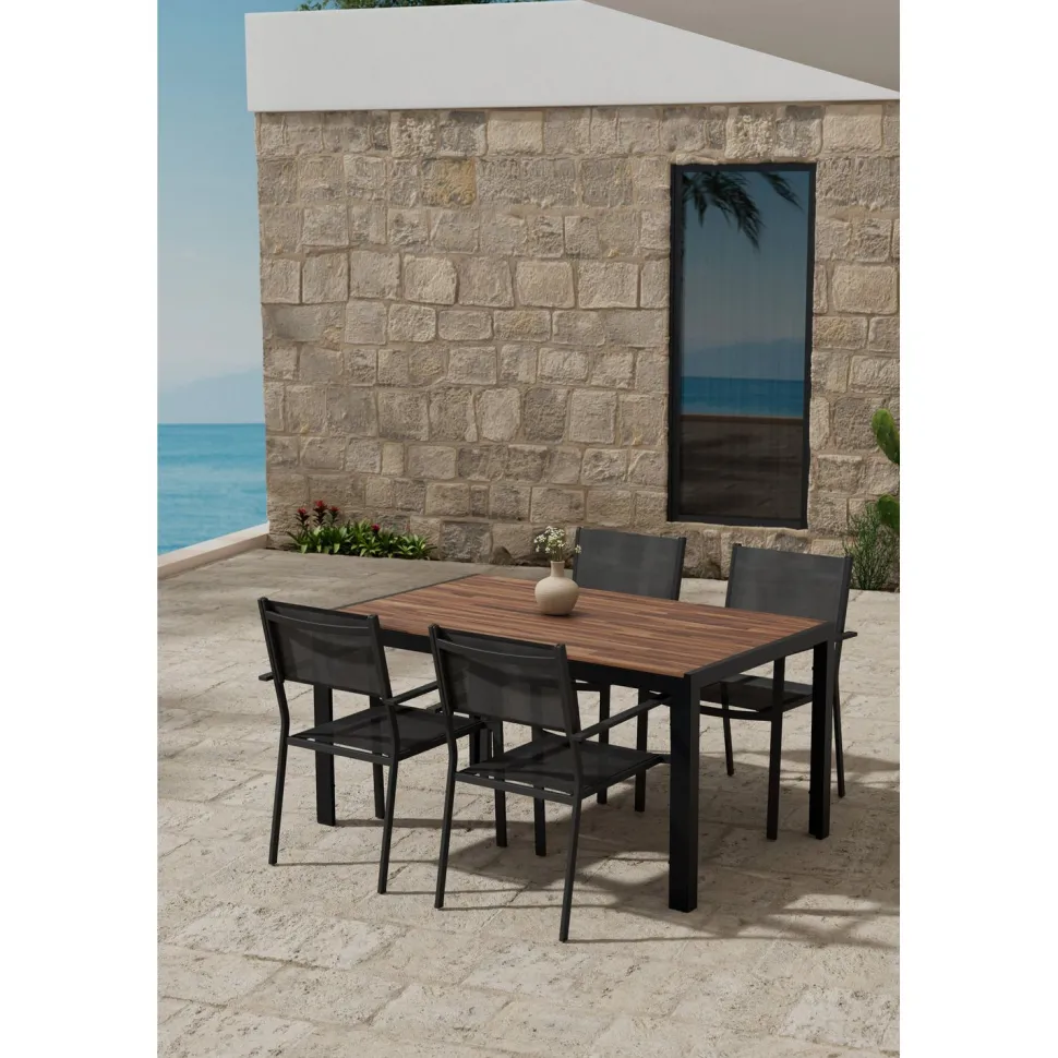 Ruokailuryhmä ulos Venture Home, musta Break-pöytä 150x90cm + 4 mustaa Copacabana-tuolia