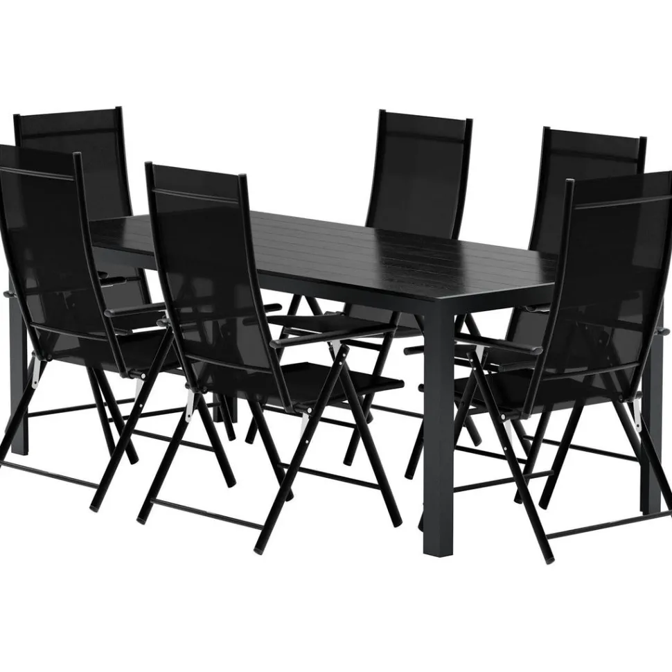 Ruokailuryhmä ulos Venture Home, musta Break-pöytä 205x90cm + 6 mustaa Levanzo-tuolia