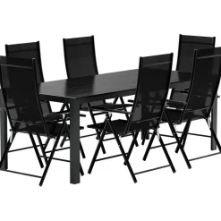 Ruokailuryhmä ulos Venture Home, musta Break-pöytä 205x90cm + 6 mustaa Levanzo-tuolia
