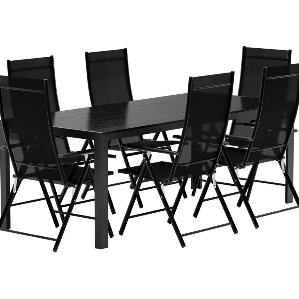 Ruokailuryhmä ulos Venture Home, musta Break-pöytä 205x90cm + 6 mustaa Levanzo-tuolia
