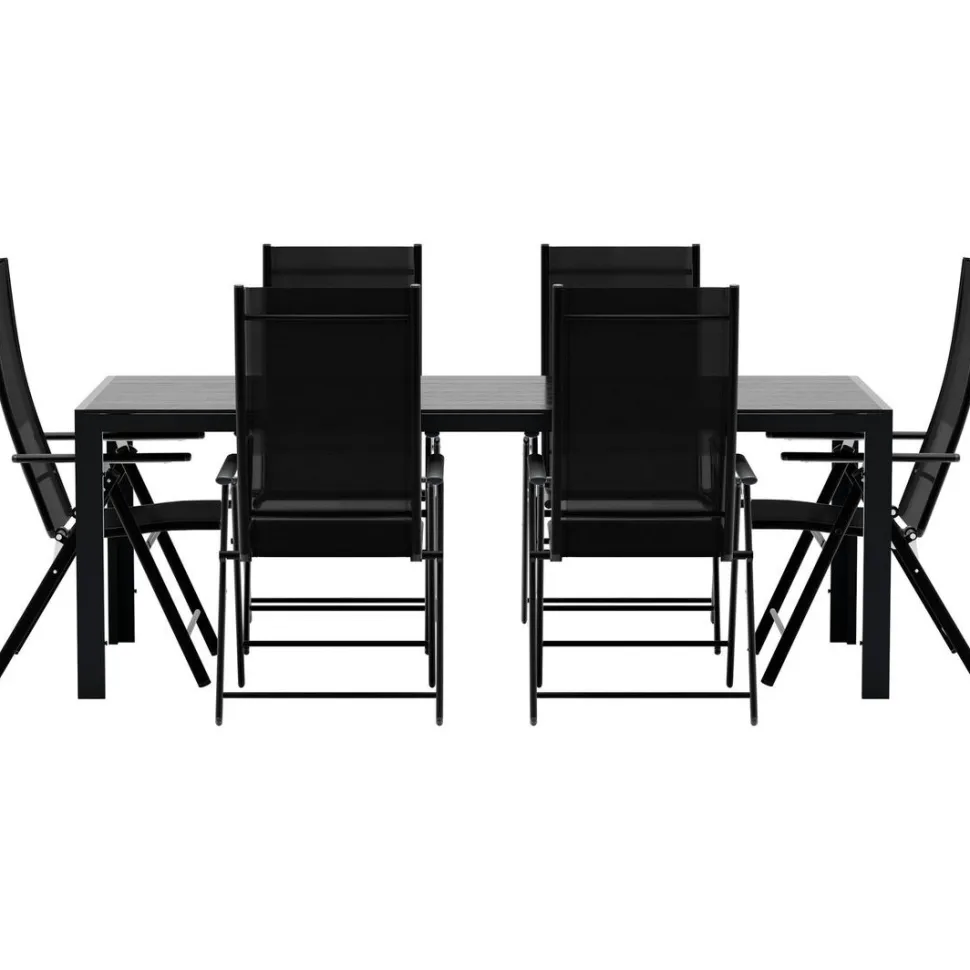 Ruokailuryhmä ulos Venture Home, musta Break-pöytä 205x90cm + 6 mustaa Levanzo-tuolia
