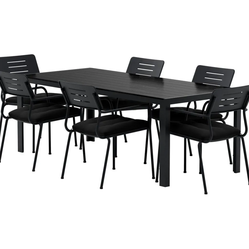 Ruokailuryhmä ulos Venture Home, musta Break-pöytä 205x90cm + 6 mustaa Nicke-tuolia