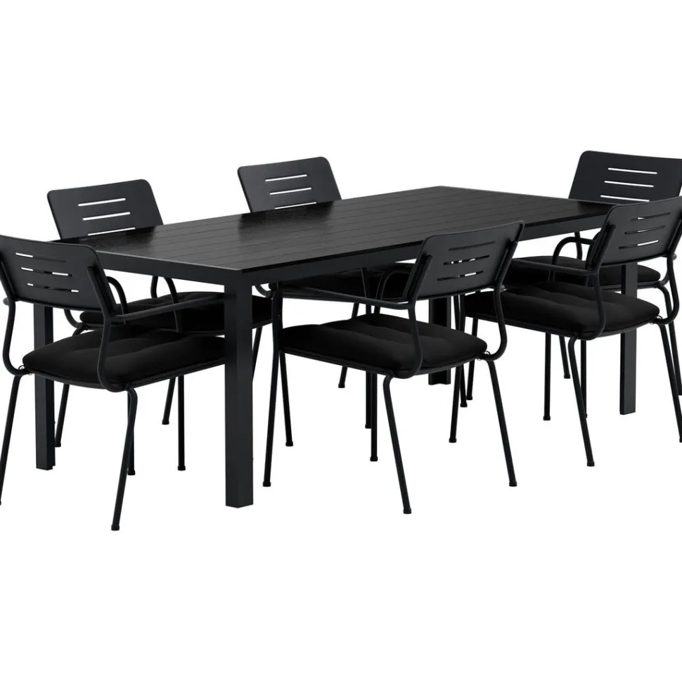 Ruokailuryhmä ulos Venture Home, musta Break-pöytä 205x90cm + 6 mustaa Nicke-tuolia