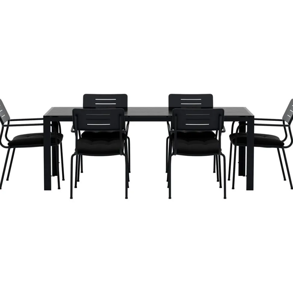 Ruokailuryhmä ulos Venture Home, musta Break-pöytä 205x90cm + 6 mustaa Nicke-tuolia