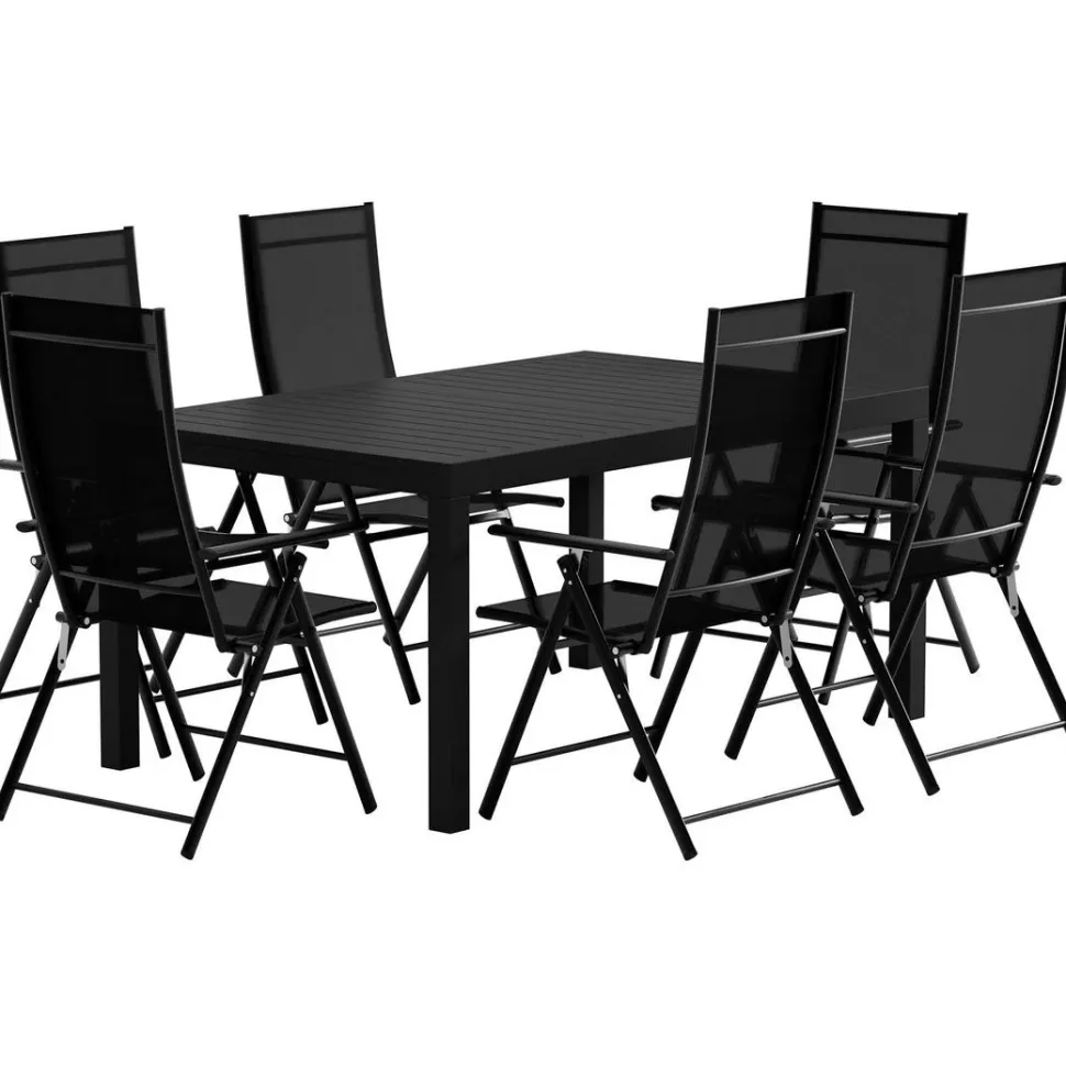 Ruokailuryhmä ulos Venture Home, musta Capo-pöytä 160x100cm + 6 mustaa Levanzo-tuolia