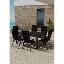 Ruokailuryhmä ulos Venture Home, musta Capo-pöytä 160x100cm + 6 mustaa Levanzo-tuolia