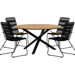 Ruokailuryhmä ulos Venture Home, musta Mexico-pöytä Ø140cm + 4 mustaa Bois-tuolia