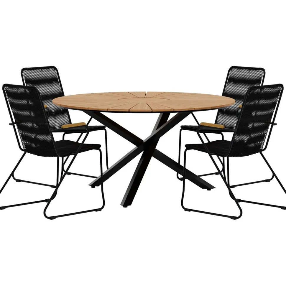 Ruokailuryhmä ulos Venture Home, musta Mexico-pöytä Ø140cm + 4 mustaa Bois-tuolia