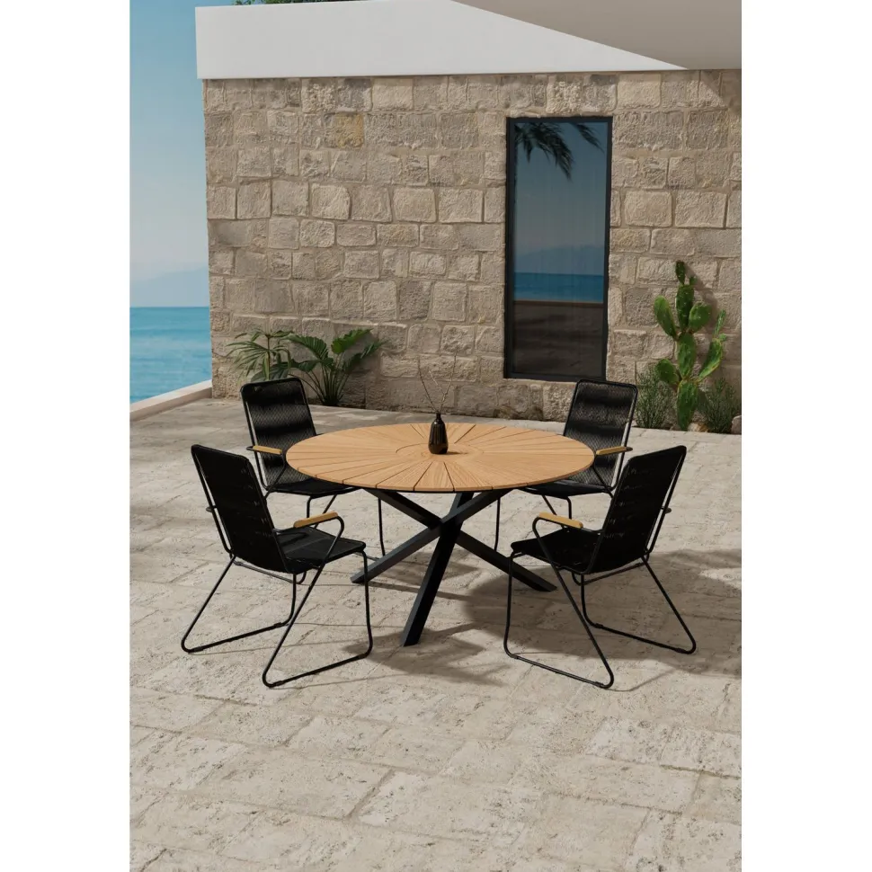 Ruokailuryhmä ulos Venture Home, musta Mexico-pöytä Ø140cm + 4 mustaa Bois-tuolia