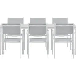Ruokailuryhmä ulos Venture Home, valkoinen Break-pöytä 205x90cm + 6 harmaata Copacabana-tuolia
