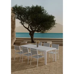 Ruokailuryhmä ulos Venture Home, valkoinen Break-pöytä 205x90cm + 6 harmaata Copacabana-tuolia