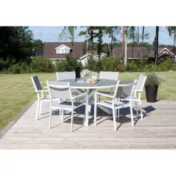 Ruokailuryhmä ulos Venture Home, valkoinen Parma-pöytä Ø140cm + 6 valkoharmaata Copacabana-tuolia