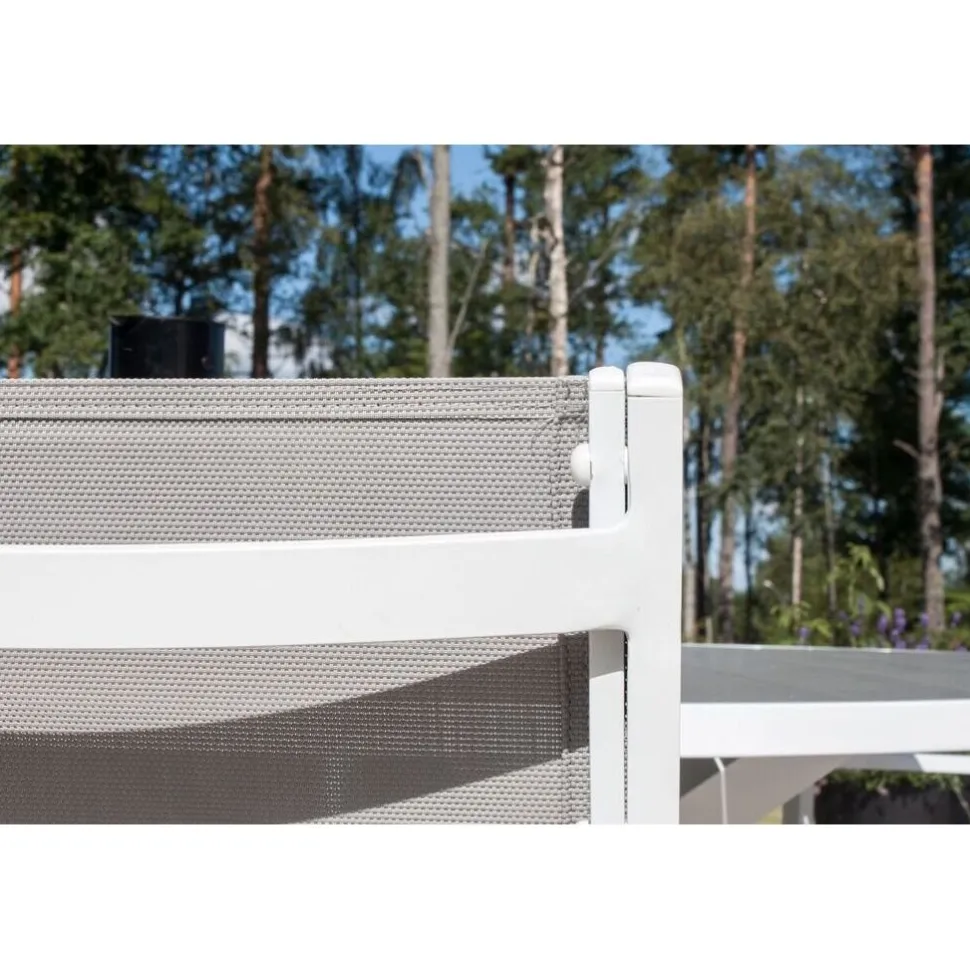 Ruokailuryhmä ulos Venture Home, valkoinen Parma-pöytä Ø140cm + 6 valkoharmaata Copacabana-tuolia
