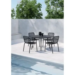 Ruokailuryhmä Venture Home, Ø120cm musta San Vito -pöytä + 4 mustaa, pinottavaa Peking-tuolia