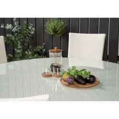 Ruokailuryhmä Venture Home, ø150cm valkoinen Volta-pöytä + 6 valkoista, pinottavaa Anna-tuolia