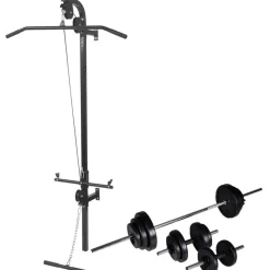 Seinään kiinnitettävä kuntolaite levytanko- ja käsipainosarjalla, 30.5kg