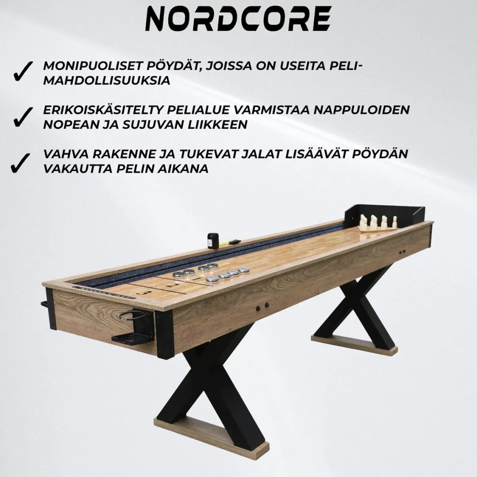 Shuffleboard Nordcore 2-IN-1, sis. 8 nappulaa, vahapullo, harja, 2 pistelaskuria ja keilaussetti, 9`
