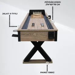 Shuffleboard Nordcore 2-IN-1, sis. 8 nappulaa, vahapullo, harja, 2 pistelaskuria ja keilaussetti, 9`
