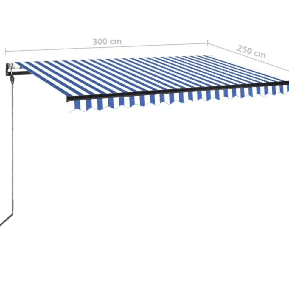Sisäänkelattava markiisi 2 LED/tuulisensori 300x250 cm sininen/valkoinen