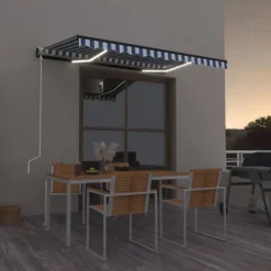 Sisäänkelattava markiisi 2 LED/tuulisensori 300x250 cm sininen/valkoinen